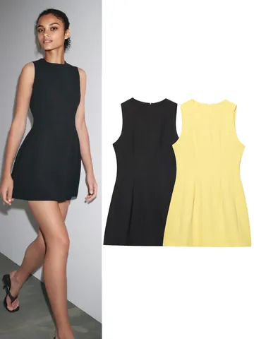 Women Sleeveless Crew Neck A-Line Mini Dress Solid Color Slim Fit Polyester Tank Dress Summer Elegant Office Wear Mini Dress