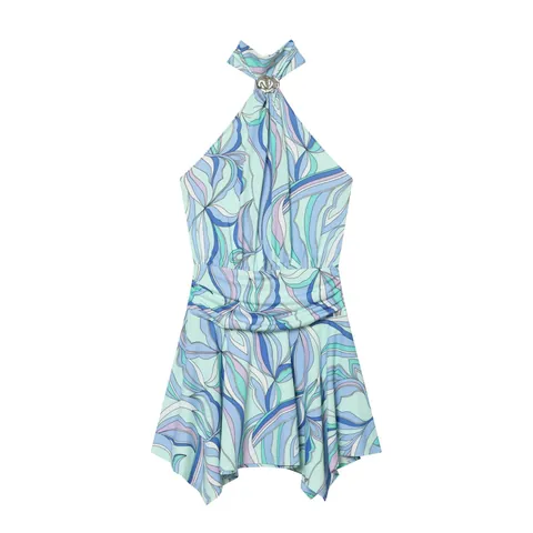 Damen Sommer Neckholder Ärmellos Mini Kleid Abstraktes Wellenmuster Druck Ausgestellter Saum Metallschnalle Polyester Kleid Lässig Party Strand Mode
