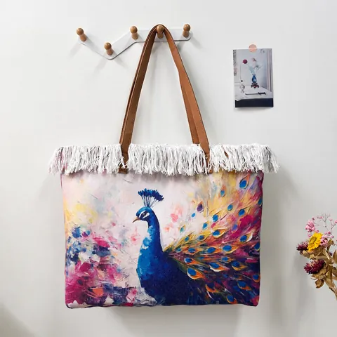 Bohemian Canvas Tassel Tote Bag For Women Large Capacity Printed Beach Shoulder Bag Peacock Butterfly Elephant Pattern Travel Bag