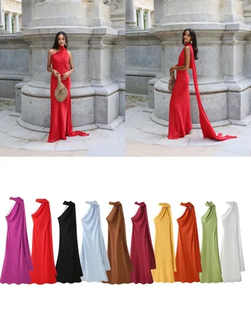 Elegant Halter Neck Satin Maxi Dress Women Sleeveless Backless Solid Color A-Line Silhouette Summer Evening Party Occasion Gown