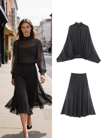 Women Polka Dot Print Two Piece Skirt Set Retro Bow Chiffon Blouse Top And A-Line Midi Skirt Set For Spring Summer