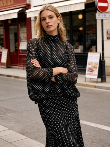 Women Polka Dot Print Two Piece Skirt Set Retro Bow Chiffon Blouse Top And A-Line Midi Skirt Set For Spring Summer