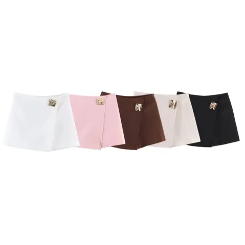 Women Asymmetric Design Skort With Metal Buckle High Waist Polyester Mini Skirt Short Bottom Casual Streetwear Fashion