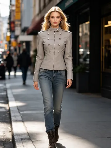 Women Vintage Napoleon Jacket Double Breasted Metal Button Military Style Slim Fit Stand Collar Polyester Coat Outwear