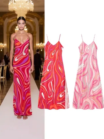 Vestido Maxi de Verano con Estampado para Mujer con Tirantes Finos Espalda Descubierta Cuello en V Talla Alta Playa Vacaciones