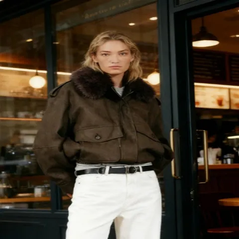 Women Suede Effect Jacket With Detachable Faux Fur Collar Brown Loose Fit Streetwear Pocket Workwear Style Autumn Coat Top