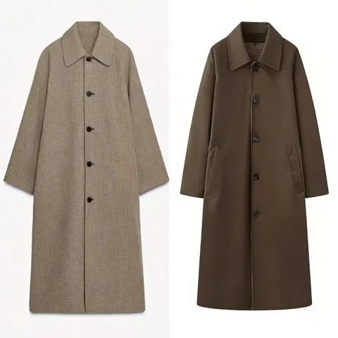 Women Reversible Plaid Long Trench Coat Polyester Lapel Button Overcoat For Autumn Winter Minimalist Casual Outerwear