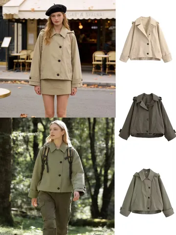 Women Fashion Hooded Cape Trench Coat Casual Solid Color Single Breasted Windbreaker Jacket With Pockets Outerwear Top