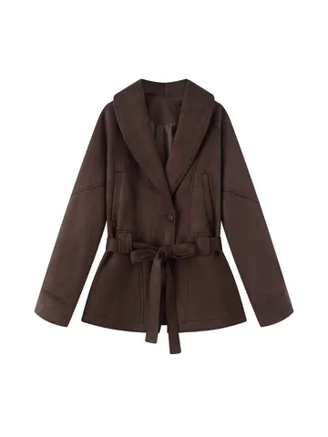 Women Retro Suede Trench Coat With Belt Lapel V-Neck Long Sleeve Mid-Length Slim Fit Jacket Outwear Autumn Winter Coat