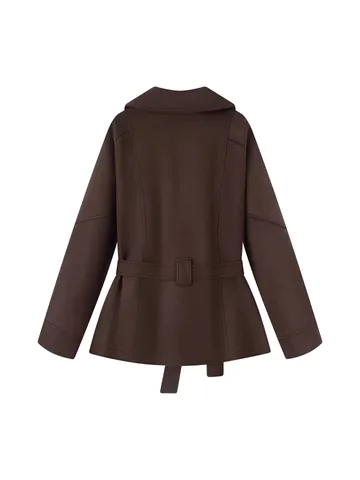 Women Retro Suede Trench Coat With Belt Lapel V-Neck Long Sleeve Mid-Length Slim Fit Jacket Outwear Autumn Winter Coat