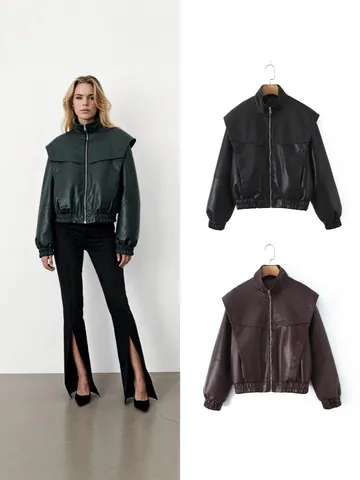 Women Vintage Faux Leather Bomber Jacket American Streetwear High Sense Loose Zip Up Pilot Jacket Long Sleeve PU Outerwear