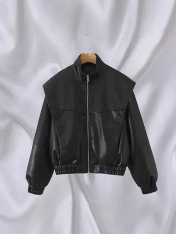 Women Vintage Faux Leather Bomber Jacket American Streetwear High Sense Loose Zip Up Pilot Jacket Long Sleeve PU Outerwear