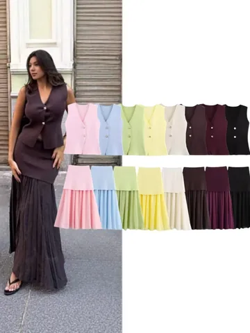 Damen V-Ausschnitt Goldknopf Stricktop Und Plisseerock Set Lässige Sommer Elegante Zweiteilige Kleidung Für Das Büro