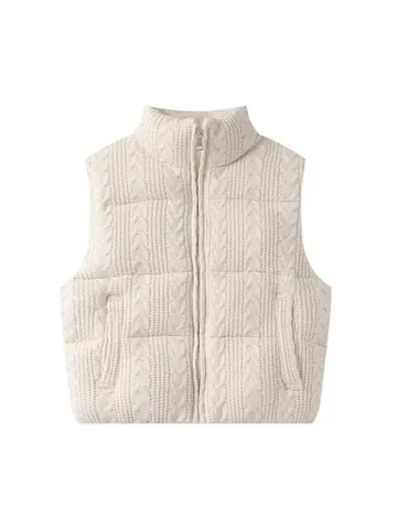 Women Cable Knit Puffer Vest Stand Collar Sleeveless Jacket Zip Up Winter Padded Outerwear Top Streetwear Casual Gilet