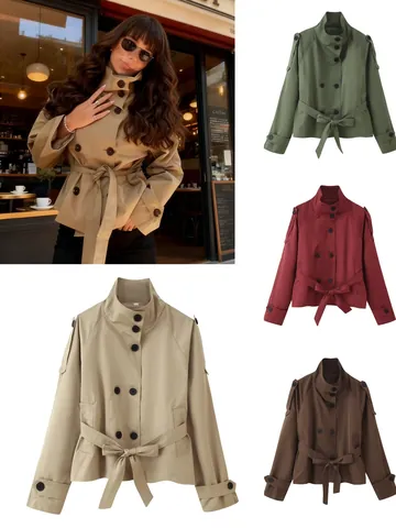 Women's Casual Short Polyester Trench Coat Double-Breasted Belted Jacket Elegant Commuter Solid Color Autumn Windbreaker Top