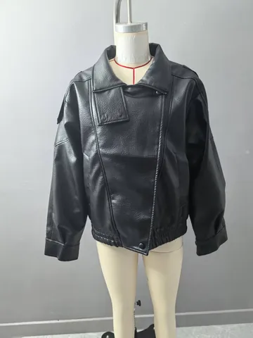 Women's Vintage American Motorcycle Synthetic Leather Jacket Loose Oversized PU Leather Biker Jacket Autumn Fashion Outerwear