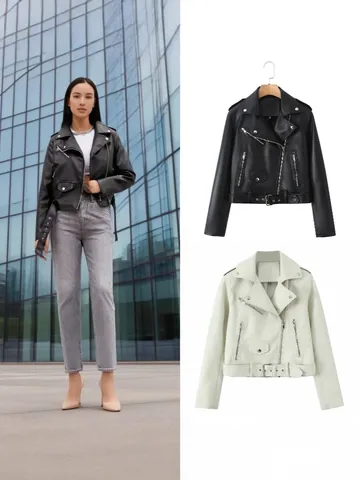 Women PU Leather Motorcycle Jacket With Belt Fashion Lapel Slim Fit Biker Coat Solid Color Zip Up Outerwear Top