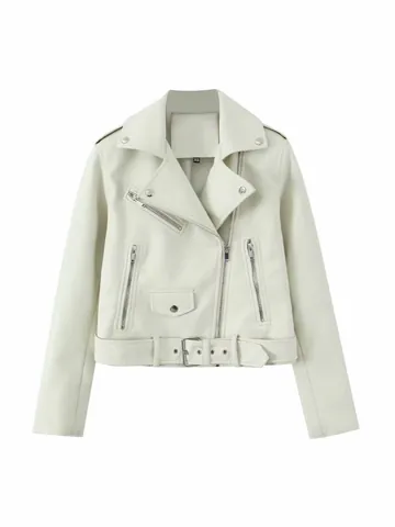 Women PU Leather Motorcycle Jacket With Belt Fashion Lapel Slim Fit Biker Coat Solid Color Zip Up Outerwear Top