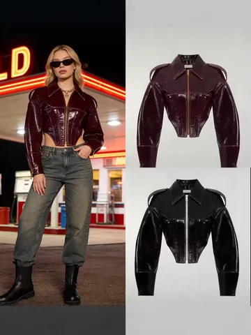 Damen Vintage Moto Glänzendes Lackleder Cropped Jacke Mode Retro PU Leder Bikerjacke Dunkelrot Schwarz Slim Fit Top