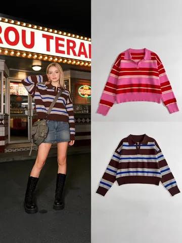 Γυναικείο Ριγέ Πλεκτό POLO Μπλουζάκι Casual Μακρυμάνικο Πλεκτό Πουλόβερ σε Αντίθεση Χρωμάτων Κανονική Εφαρμογή Μόδα
