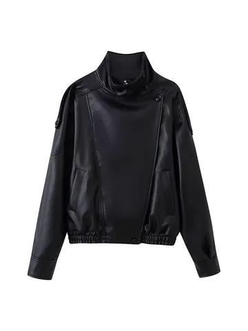 Women's Oversized Faux Leather Moto Jacket Double Stand Collar PU Biker Coat Autumn Winter Casual Streetwear Top