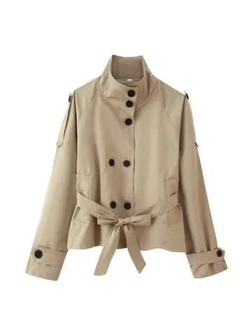 Women's Casual Short Polyester Trench Coat Double-Breasted Belted Jacket Elegant Commuter Solid Color Autumn Windbreaker Top