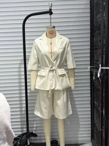 Women Notched Lapel Half Sleeve Blazer With Belt And Shorts Top And Bottom Casual Striped Solid Color Office Lady Outfit