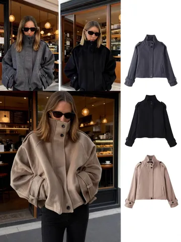 Manteau en Laine Court pour Femme Coupe Large Col Montant Automne Minimaliste Couleur Unie Veste Avec Épaulettes Top