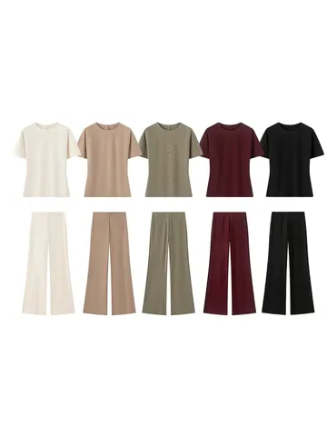 Dames Zomer Casual Ronde Hals Effen Kleur Rug Open Korte Mouw Top En Rechte Broek Set Mode Patchwork Tweeledige Outfit