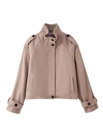 Manteau en Laine Court pour Femme Coupe Large Col Montant Automne Minimaliste Couleur Unie Veste Avec Épaulettes Top