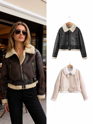 Women's Faux Shearling Motorcycle Jacket PU Leather Lamb Wool Lined Short Biker Coat with Belt Streetwear Autumn Winter Top