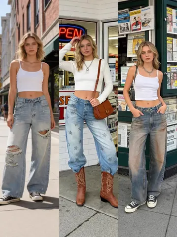 Women Fashion Wide Leg Jeans Distressed Rhinestone Star Pattern Mid Waist Denim Pants Vintage Washed Cuffed Streetwear Trousers