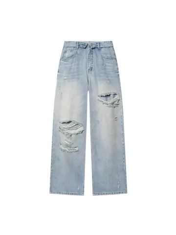 Women Fashion Wide Leg Jeans Distressed Rhinestone Star Pattern Mid Waist Denim Pants Vintage Washed Cuffed Streetwear Trousers