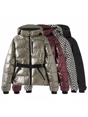 Women Ski Jacket Hooded Slim Fit Padded Coat With Belt Geometric Printed Windproof Winter Outerwear Top Or Bottom