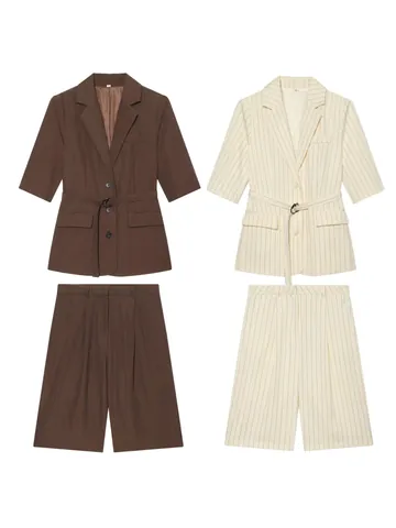 Women Notched Lapel Half Sleeve Blazer With Belt And Shorts Top And Bottom Casual Striped Solid Color Office Lady Outfit