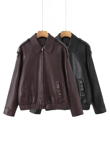 Giacca da Donna in Ecopelle PU Stile Maillard Retro Revers Larga Oversize Giacca Biker Con Spalline Vintage Casual Top