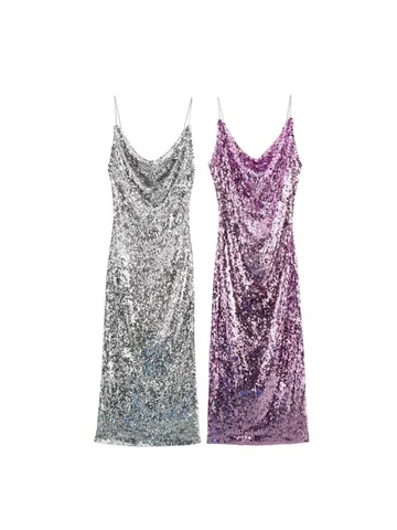 Women's Sexy Cowl Neck Sequin Maxi Dress Elegant Spaghetti Strap Evening Party Dress For Banquet Wedding Shiny Gown