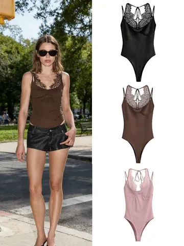 Women Sexy Halter Neck Lace Patchwork Bodysuit Sleeveless Backless Solid Color Polyester Slim Fit One Piece Clubwear Top