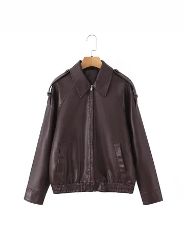 Giacca da Donna in Ecopelle PU Stile Maillard Retro Revers Larga Oversize Giacca Biker Con Spalline Vintage Casual Top