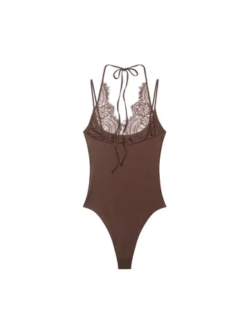 Women Sexy Halter Neck Lace Patchwork Bodysuit Sleeveless Backless Solid Color Polyester Slim Fit One Piece Clubwear Top