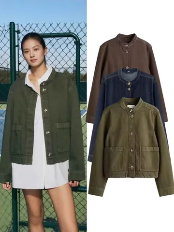 Dames Casual Keper Denim Jas Opstaande Kraag Single Breasted Zakken Lange Mouwen Jas Polyester Herfst Mode Outwear Top