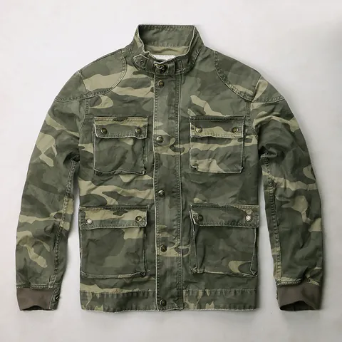 Men's Vintage Military Camouflage Work Jacket Stand Collar Multi-pocket Casual Zip-up Cotton Outerwear Retro Utility Coat
