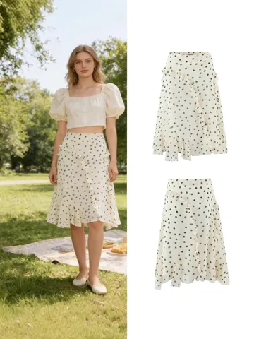 Eleganter Polyester Midirock Damen Polka Dot Rüschen Midirock Hohe Taille A-Linie Rock Casual Sommer Strand Urlaub Unterteil