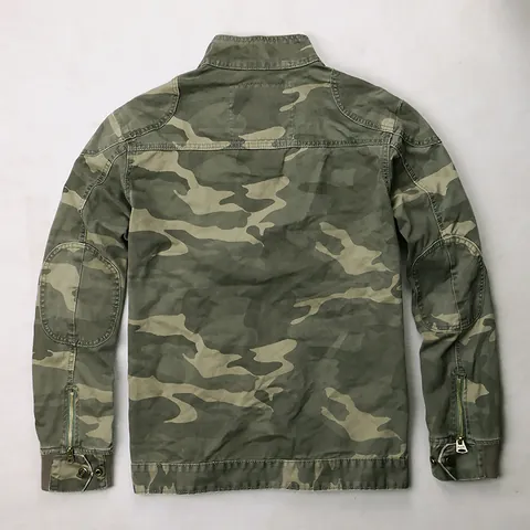 Men's Vintage Military Camouflage Work Jacket Stand Collar Multi-pocket Casual Zip-up Cotton Outerwear Retro Utility Coat
