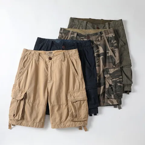 Men American Vintage Casual Cargo Shorts Summer Loose Camouflage Work Pants Straight Cotton Multi-Pocket Shorts Bottom