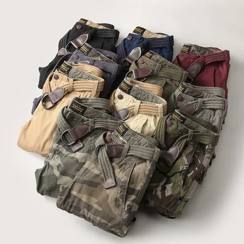 Herren Heavyweight Baumwolle Cargo-Hose Mit Gürtel Verschleißfeste Outdoor Lässige Mehrfachtaschen Lange Hosen Tarnung Einfarbig Joggers