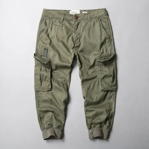 Men's Casual Cotton Cargo Cropped Pants Loose Fit Multi-Pocket Summer Outdoor Jogger Shorts Camouflage Solid Color Trousers