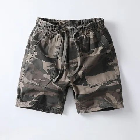 American Retro Men's Cotton Cargo Shorts Summer Loose Camouflage Elastic Waist Drawstring Casual Beach Shorts Men Clothing