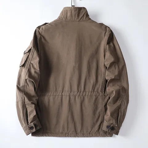 Men Retro American Workwear Jacket Heavyweight Cotton Multi Pocket Cargo Jacket Vintage Stand Collar Outerwear Coat For Men