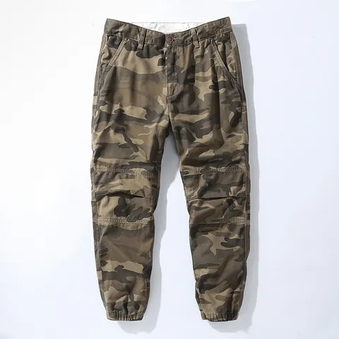 Men's Retro Cotton Camouflage Cargo Pants Mid Waist Multi Pocket Elastic Cuff Joggers Loose Casual Tactical Bottoms